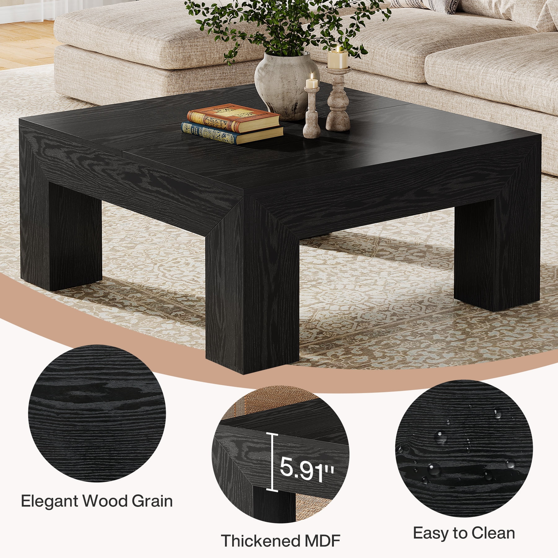 Fnova 39.4" Square Coffee Table, Farmhouse Wood Accent Center Cocktail Table with Sturdy Wooden Legs for Living Room, Easy Assembly