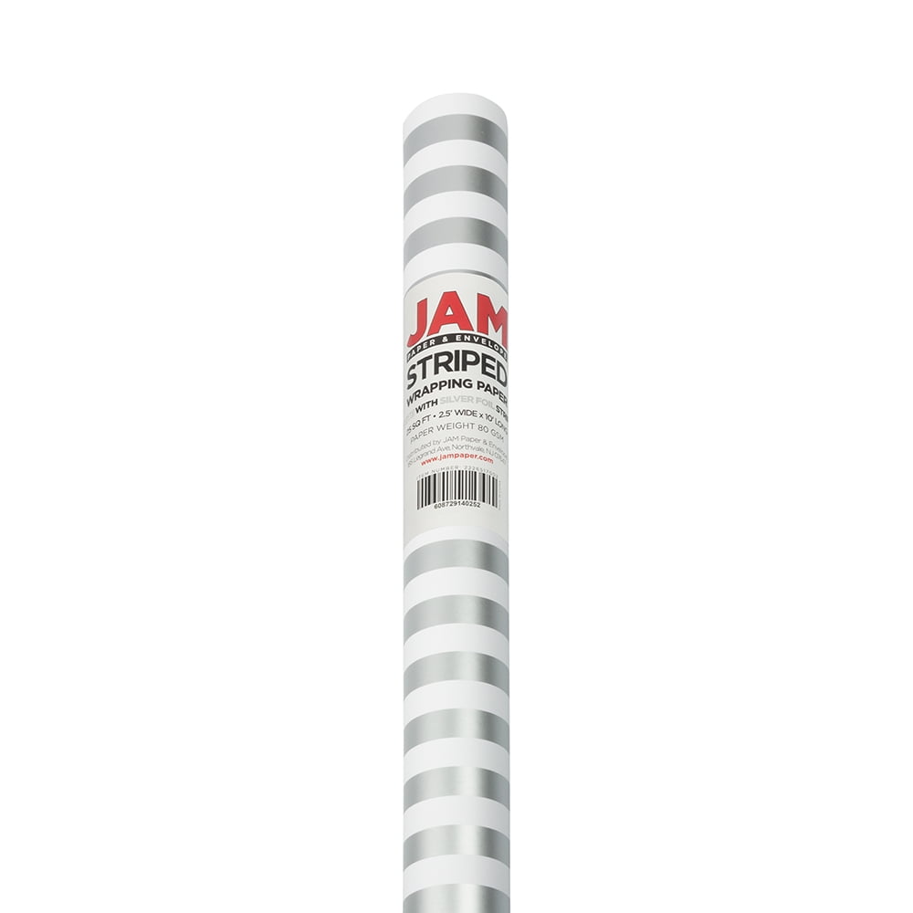 JAM Paper Silver & White Stripe Gift Wrap Paper, 25 sq ft, 1 per Pack