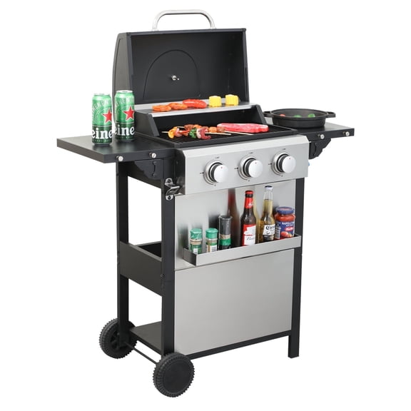 HighSound 3 Burner BBQ Propane Gas Grill, Stainless Steel 25650 BTU Patio Garden Barbecue Grill with Wire Enamel Cooking Grids & Foldable Shelves, Black