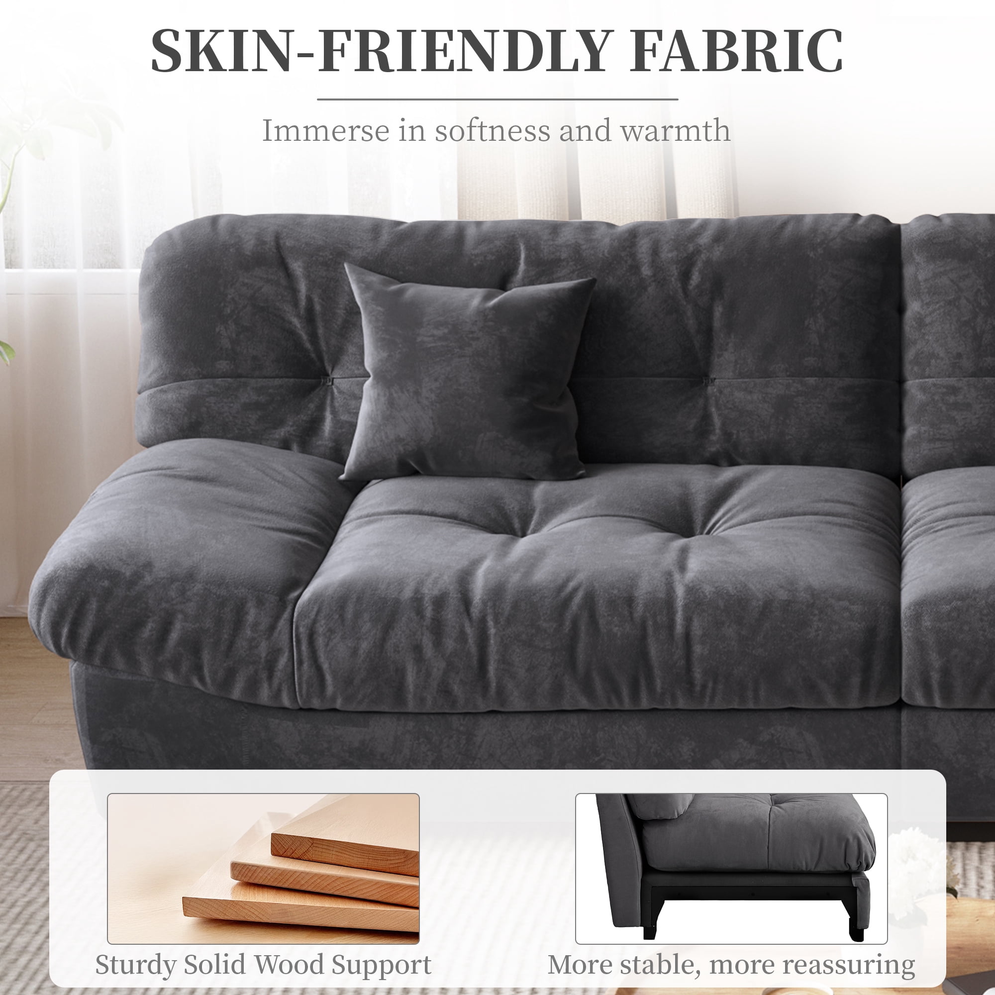 Magic Home 89" Cloud Sofa,Modern Velvet Couch,3-Seat Sofa for Living Room,Apartment and Small Space,Gray