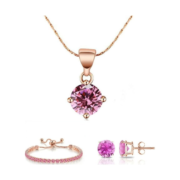 Paris Jewelry 10k Rose Gold 6 Ct Round Created Pink Sapphire Set of Necklace, Earrings and Bracelet Plated
