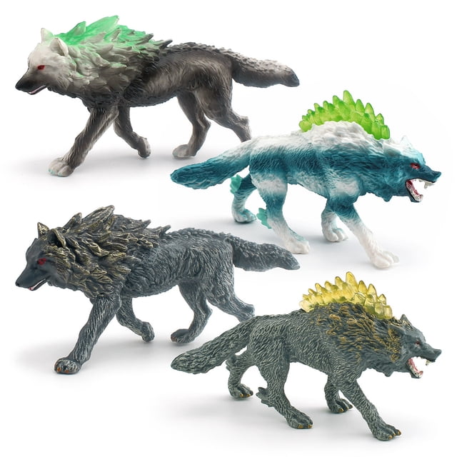 Set de figuras de criaturas míticas de fantasía, lobo de nieve y lobo de hielo