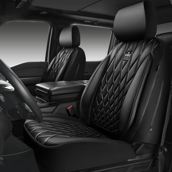 CAR GRAND piping luxury faux PU leathertwo front car seat covers water proof armrest compatible airbag compatible univrsal fit SUV VAN Truck All black