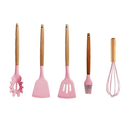 

5PCS wooden handle silicone kitchenware (spatula+frying shovel+ noodle spoon+oil brush+egg beater)