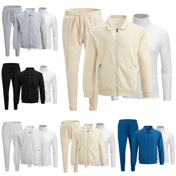 Babcutegg Mens Outfit Set 3-Piece Full Zip Lapel Jacket & Stand Collar Top & Jogger Pants Athletic Casual Clothes Black Size S