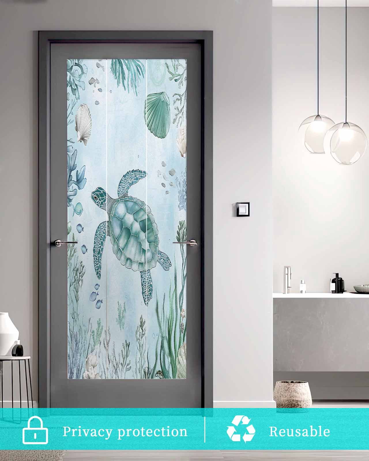 Window Privacy Film Coastal Turtle Stained Glass Window Film Decorative Sun Block Window Cover Beach Nautical Seashells Seaweed Coral Window Clings Static Adhesive Sticker for Bathroom 29.5"x78.7"