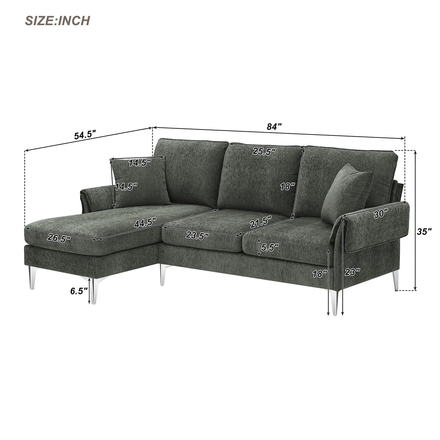 Kadyn 84 " Convertible Sectional Sofa, Modern Chenille L-Shaped Sofa Couch with Reversible Chaise Lounge and Pillows , Fabric Sofa for Living Room, Green