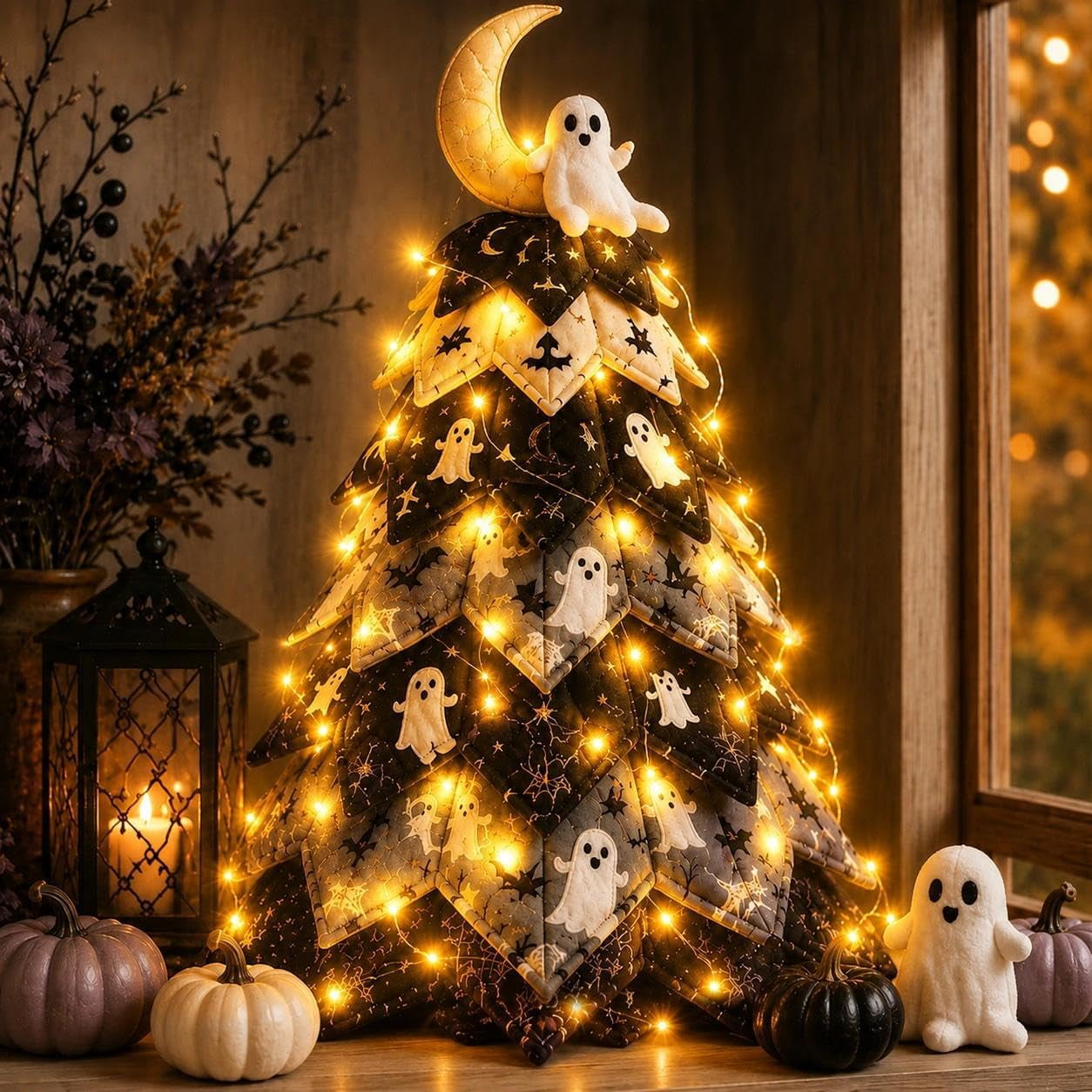 DIY Halloween Quilt Kit 3D Fabric Tree Sewing Craft Fall Home Decor | Halloween Fabric Quilt Kit 3D Padded Design DIY Sewing Craft Seasonal Home Decor(G with light)