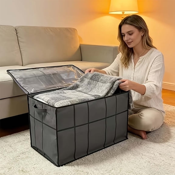 120L Large Capacity Clothes Storage Bag - Foldable Blanket Organizer with Clear Window - Non-Woven Fabric Quilt Storage Container for Bedding Comforters