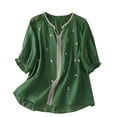 thumbnail image 1 of Hauts d'Été pour Femmes, Shorts pour Femmes, T-Shirt Décontracté Imprimé Brodé à Manches Courtes Col en V en Lin, 1 of 5