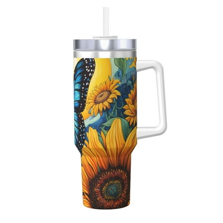 

Fuzoiu Colorful Cloud Butterfly Sunflower Print 40OZ Ice Bully Stainless Steel Insulated Cup with Handle and Straw - Perfect for Travel and Sports