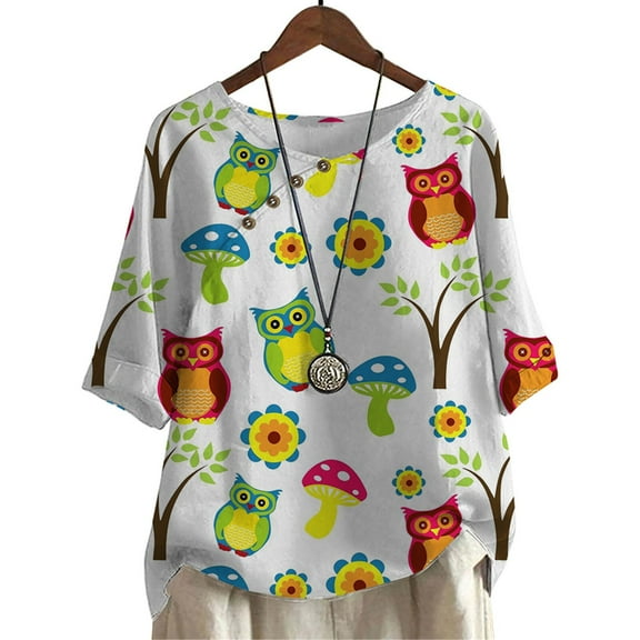 CLOOCL Plus Size Shirts for Women Lovely Cartoon Owl Printed Blouse Mid Sleeve Tops