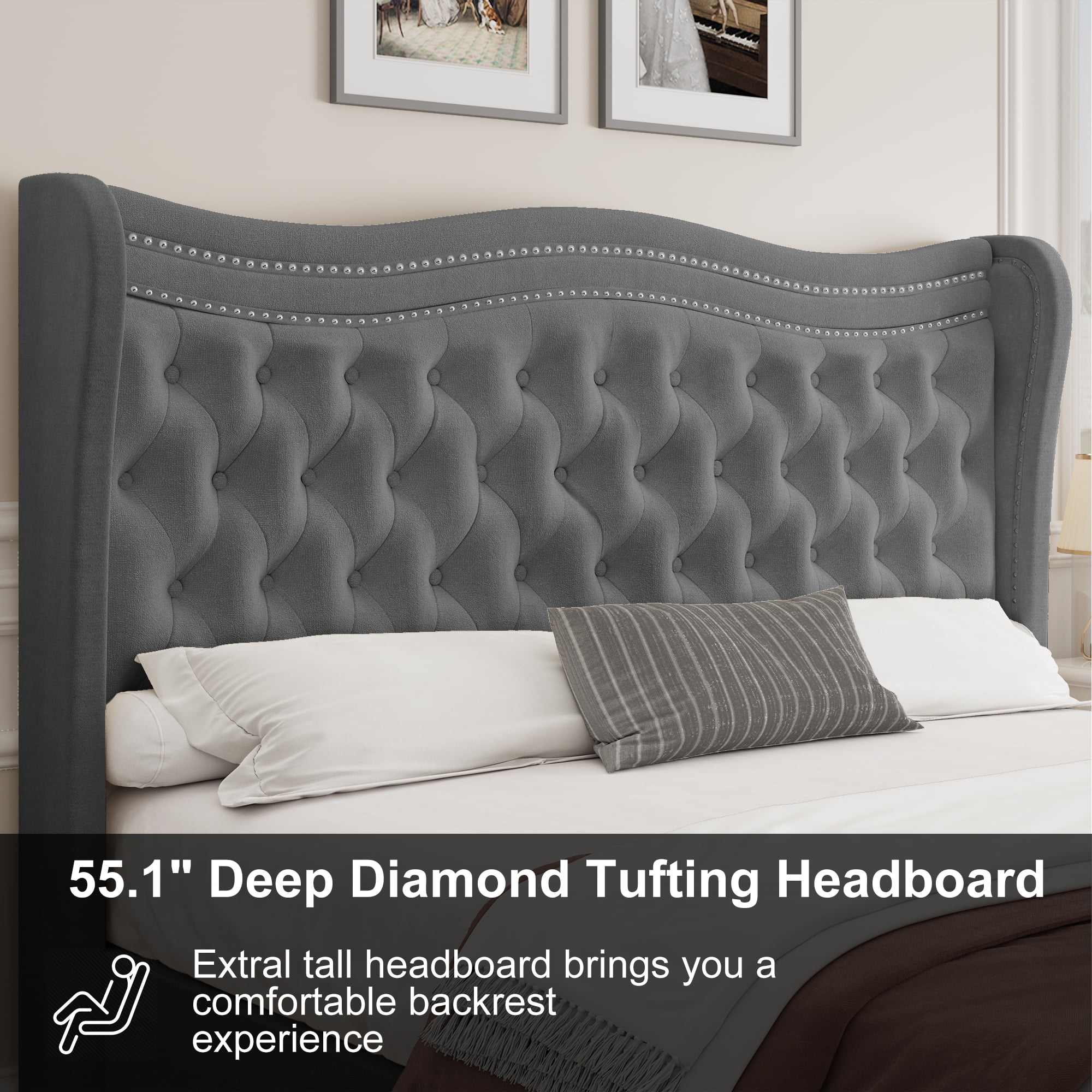Miniyam Velvet Queen Size Bed with Button-Tufted Wingback Headboard for Adult, Gray
