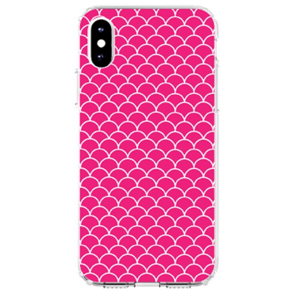DistinctInk Clear Shockproof Hybrid Case for iPhone XR (6.1" Screen) - TPU Bumper, Acrylic Back, Tempered Glass Screen Protector - Hot Pink White Scalloped Pattern