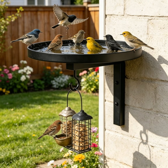 Wall Mounted Iron Bird Bath, Bird Bath and Feeder, Metal Bird Feeders for Outdoors, Bird Feeding Station for Outdoors, 6 Inch X 6 Inch X 6.5 Inch 1-Piece Tray Design for Backyard