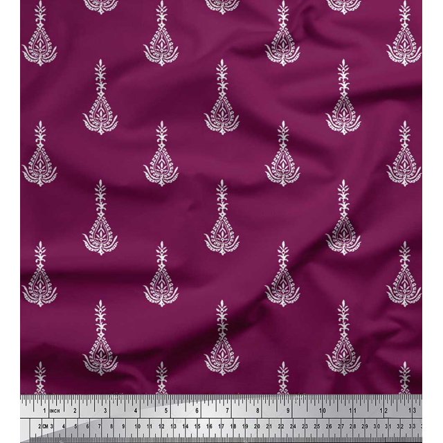 Soimoi Polyester Crepe Fabric Leaves & Floral Block Printed Fabric 1 Yard 52 Inch Wide