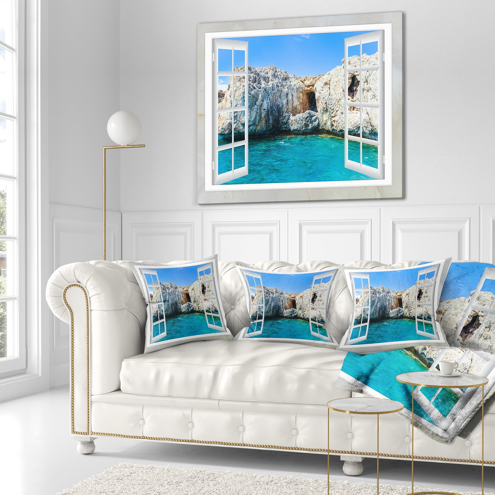 Designart Window Open to Sunny Summer Sea - Seashore Throw Pillow - 16x16