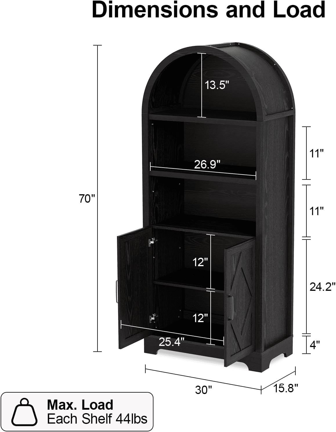 Vipbear 70" Arched Cabinet, 5 Tier Arch Bookcase, Tall Pantry Wood Display Cabinet with Doors&Adjustable Shelve for Living Bed Room Kitchen