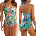thumbnail image 1 of CNKOO Womens Halter Patchwork Printed Open Back Tankini Top Set Two Piece Swimsuits S-4XL, 1 of 5