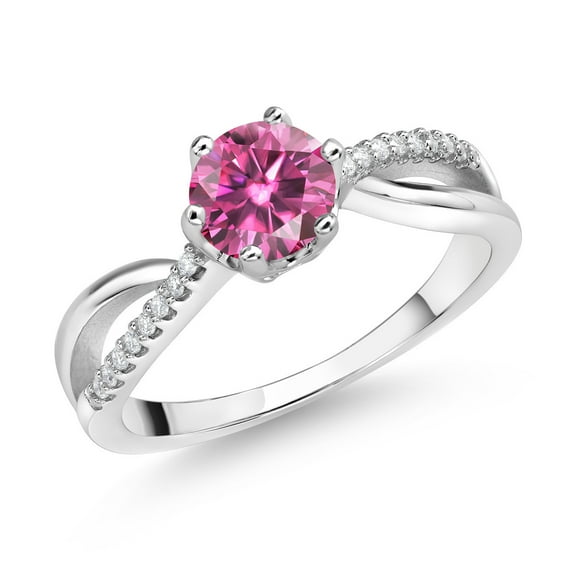 Gem Stone King 925 Sterling Silver Ring Round Pink Moissanite and Moissanite (0.88 Cttw) (Size 5)
