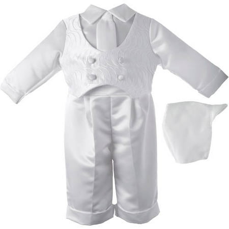 Christening Baptism Newborn Baby Boy Special Occasion 3 Pc Boys Satin Long Pant Set w/ Embroidered Vest & Matching Hat