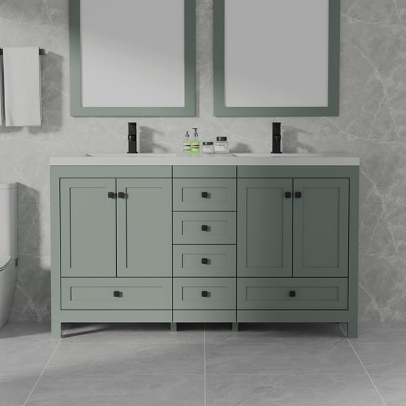 Eclife 60" Freestanding Double Sink Bathroom Vanity with Integrated Sink Top and Faucet, Hand Painted Bathroom Vanity Cabinet, Spacious Storage