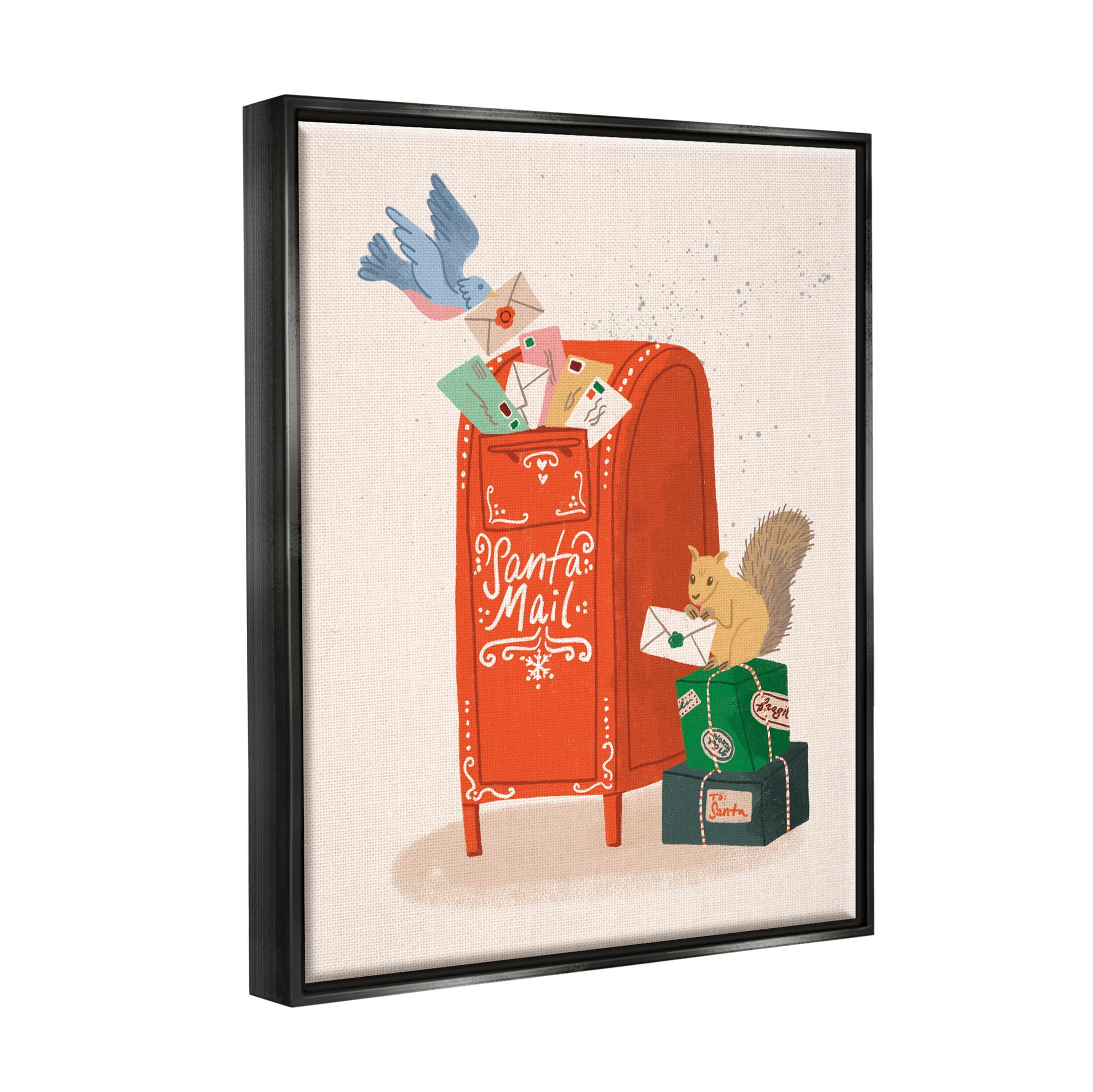 Stupell Industries Santa Mail Holiday Parcels Letters Graphic Art Jet Black Floating Framed Canvas Print Wall Art, Design by Kristina Hultkrantz