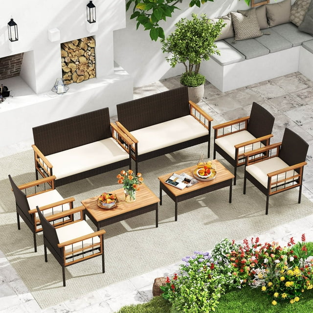 Costway 8 PCS Wicker Furniture Set with Acacia Wood Tabletop Armrests Cushions for Backyard