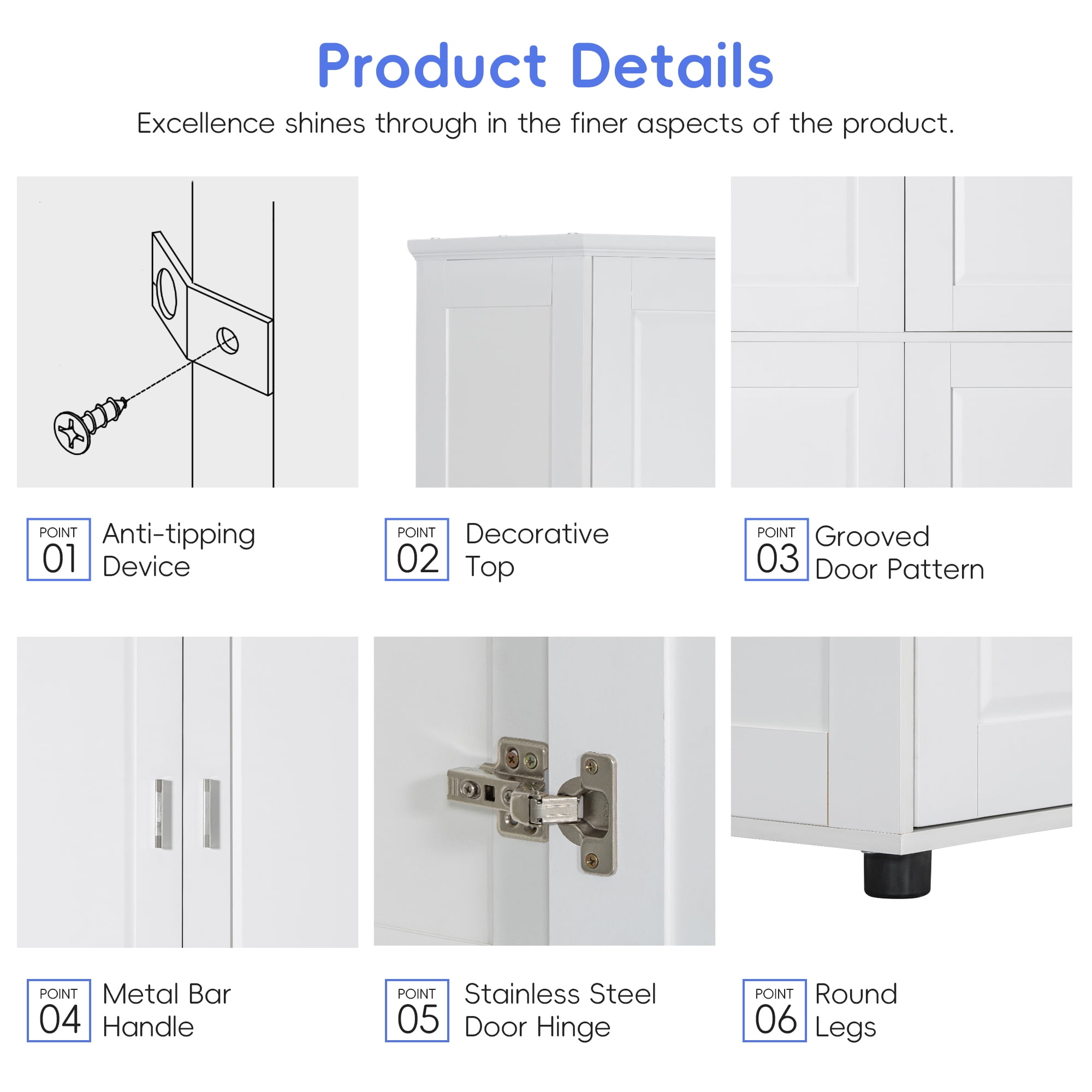 UBesGoo Bathroom Storage Cabinets 4 Doors with Hidden Storage Drawers for Bathroom, Living Room, White