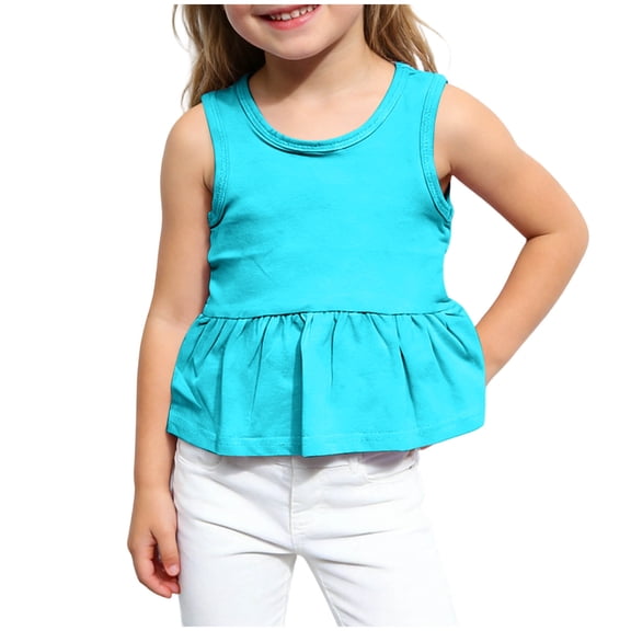 Kids Girls 100% Cotton Ruffled Peplum Tank Top Sky Blue Summer Casual Sleeveless Tee,Size 1-2 T
