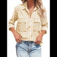 thumbnail image 3 of Camisas A Rayas con Botones para Mujer, Blusas Casuales de Larga con Cuello en V y Bolsillos Amarillo XL, 3 of 7