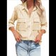 thumbnail image 3 of Camisas A Rayas con Botones para Mujer, Blusas Casuales de Larga con Cuello en V y Bolsillos Amarillo XL, 3 of 7