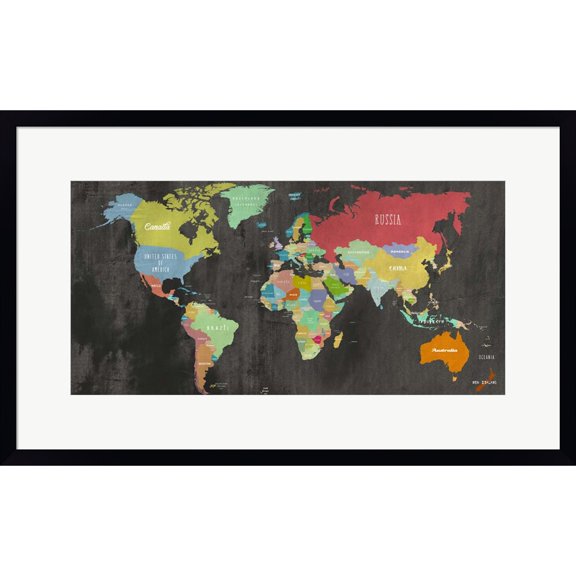 Great Art Now Modern Map of the World (chalkboard, detail) by Joannoo, Framed Wall Art, 26W x 16H