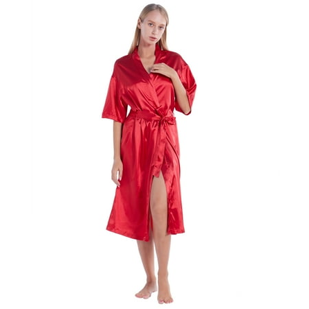 

Women Satin Robes Kimono Silky Robe Long Bridesmaid Wedding Party Sleepwear with Belt