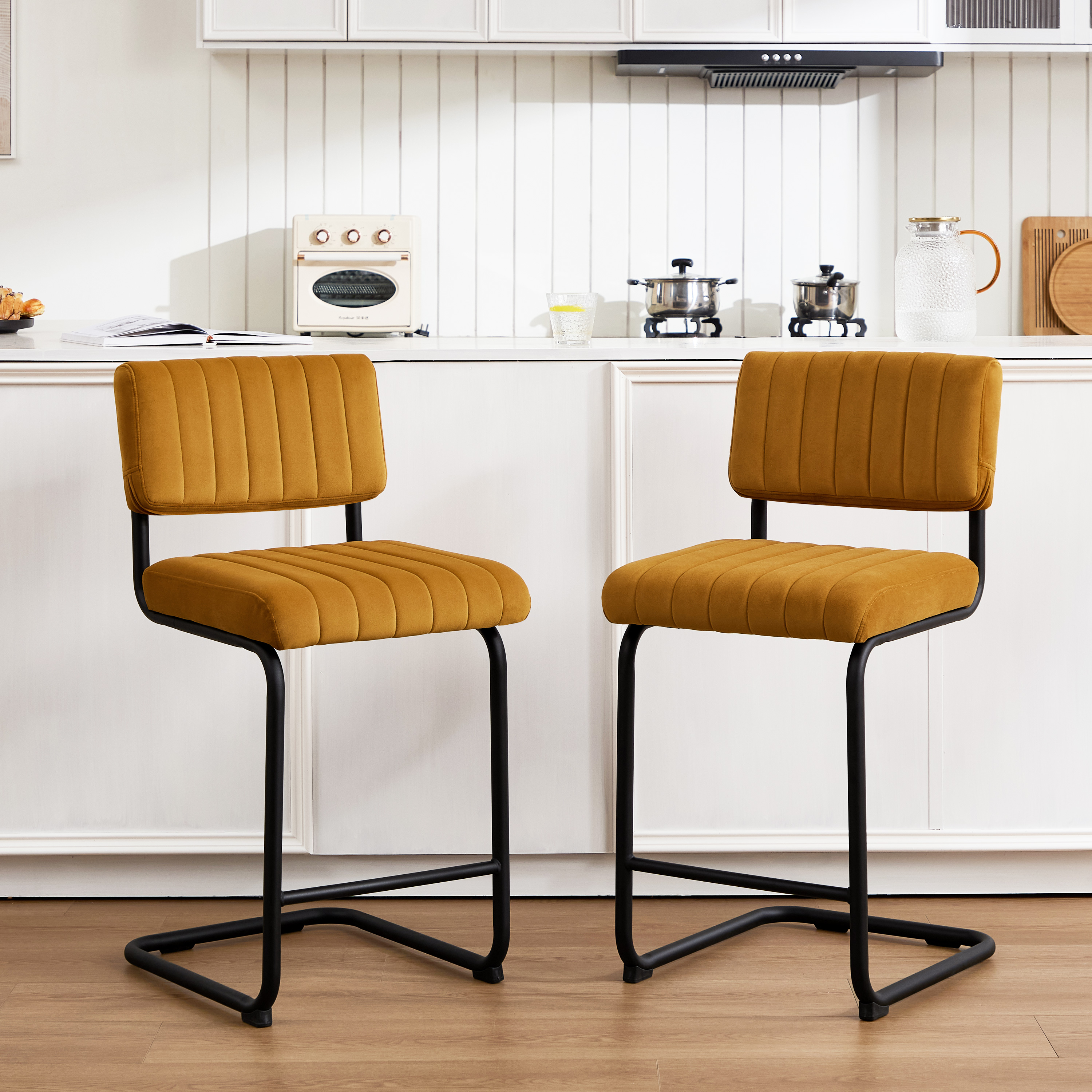 ONEVOG 24''H Counter Height Bar Stools Set of 2, Morden Counter Bar Stools with Velvet and Black Metal Legs, Upholstered Bar Stool For Kitchen Island, Cognac