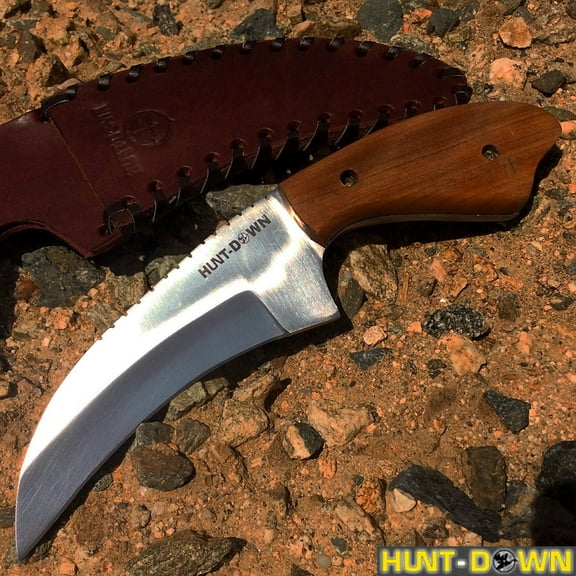 Hunt Down 9' Wood Handle Full Tang Stainless Steel Hunting Knife With Leather Sheath