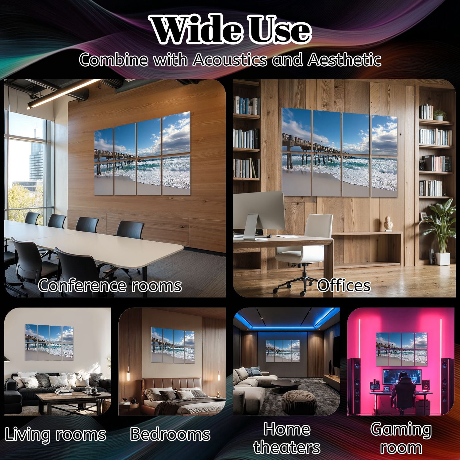 8 Pack Art Acoustic Panels Sound Absorbing Waves Pensacola Pier Decorative Soundproof Wall Panels Self Adhesive for Nursery Game Room Bedroom 48"x32"