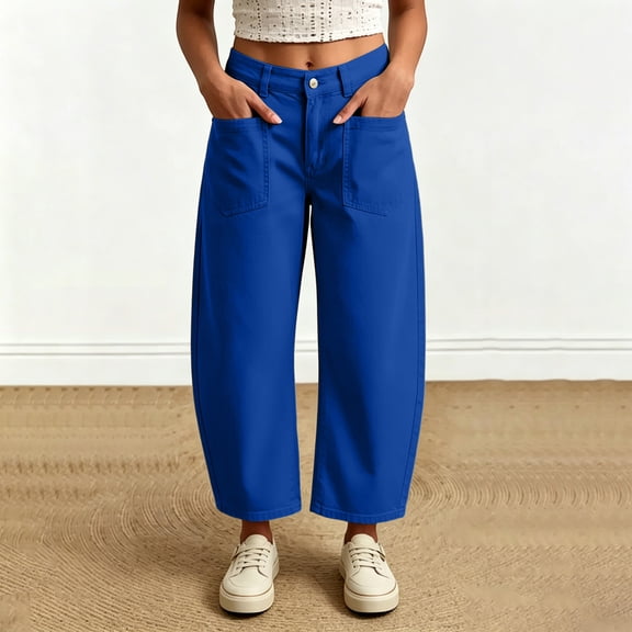 Karymi Summer Outfits Solid Single Button Zipper Fly High Waist Barrel Cropped Pants, Front Patch Pocket Loose Curved Wide Leg Trousers Women's Shorts