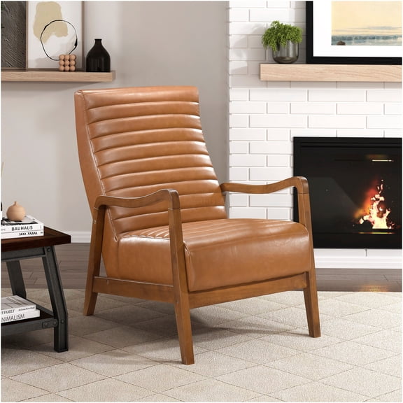 JERFIT Modern Brown Faux Leather Accent Chair with Solid Wood Frame for Living Room