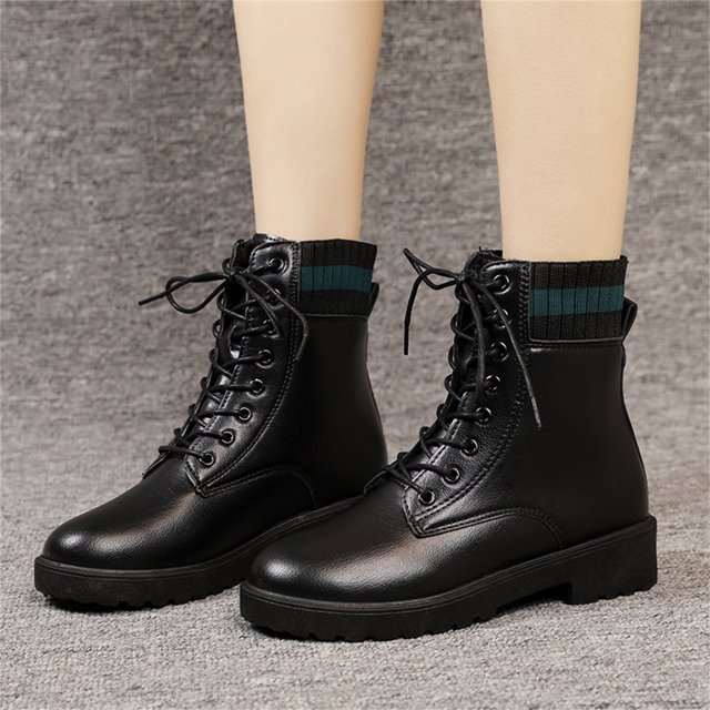 Autumn And Winter Lace-up Short Boots Round-toe Flat-bottom Lace-up Plus Velvet Warm Boots Round-toe