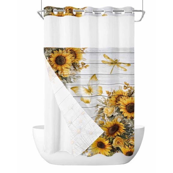No Hook Shower Curtain with Snap-in Liner, Farmhouse Sunflower Waterproof Fabric Bathroom Curtains, Vintage Daisy Butterflies Gray Wood Bath Curtains & Mesh Top Window Stand Up Stall 36"x72"