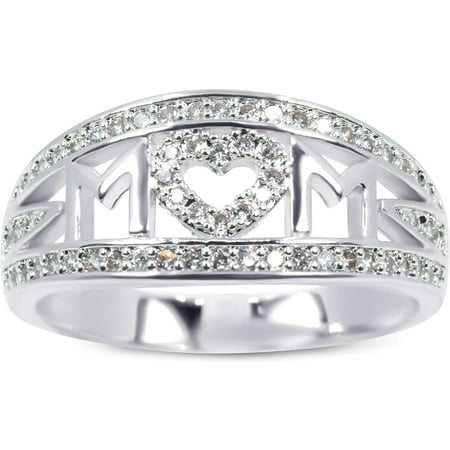 Savlano 18K White Gold Plated Cubic Zirconia Mom Heart Memorable Ring for Women & Girls