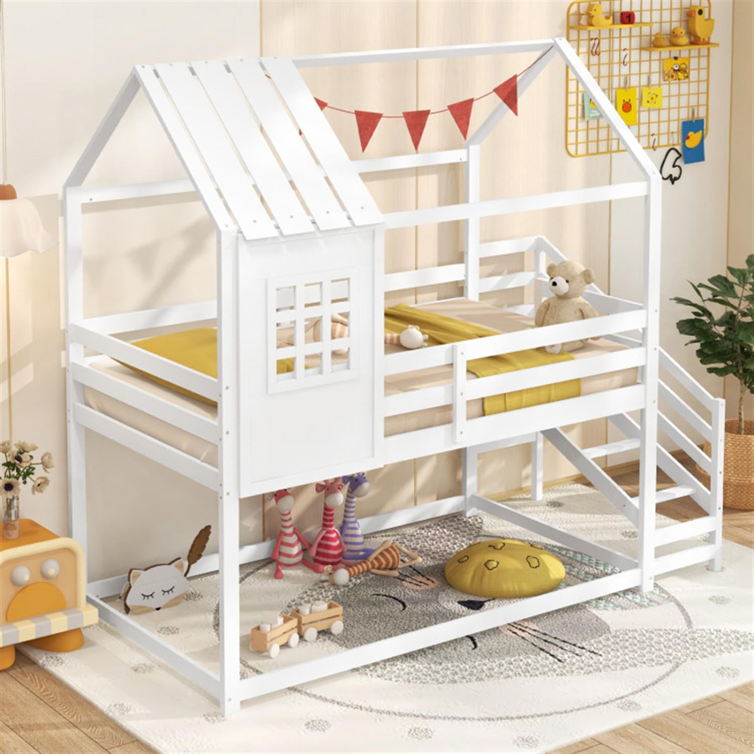 Demi Bonn Twin Over Twin Bunk Bed with Stairs and Roof, Twin Bunk Beds, Space-saving Solid Wood House Bed Frame, White