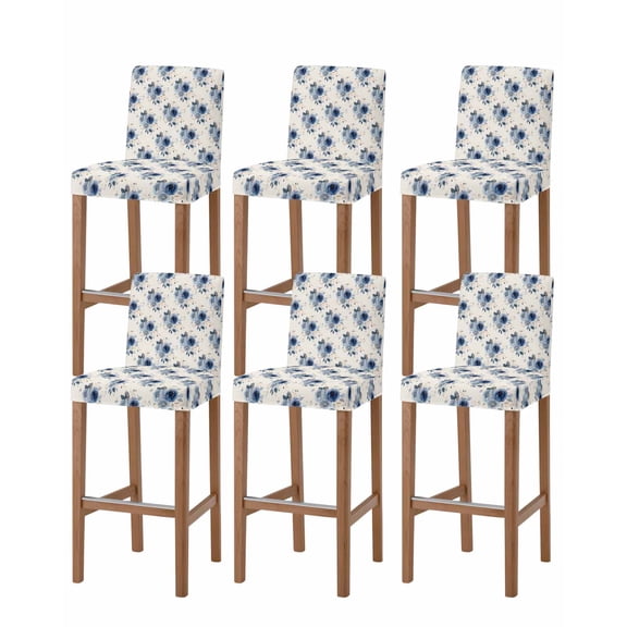 Navy Blue Spring Floral Bar Stool Covers Set of 6, Farmhouse Flowers Modern Art Stretch Washable Bar Chair Covers with Backs, Removable Pub Counter Height Chair Cover for Kitchen Dining Room Cafe