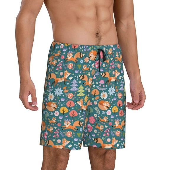 Picia Foxes and Birds in Forest Pajama Shorts for Men, Men's Pajama Bottoms, Sleepwear,Short Pajama Pants-Small