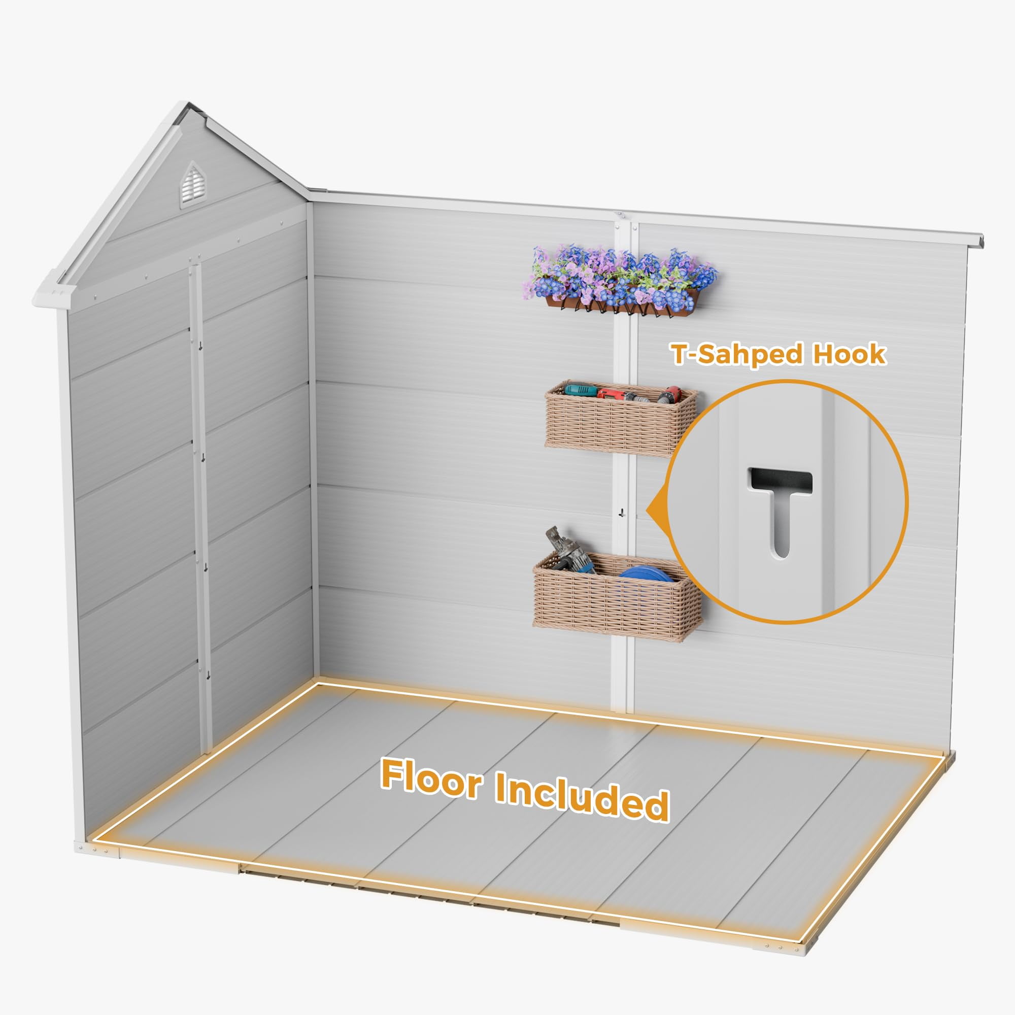 JULY'S SONG 8x6 Outdoor Storage Shed with Openable Windows, Heavy Duty Resin Sheds with Floor & Lockable Doors, Plastic Storage Cabinets for Outside, Grey
