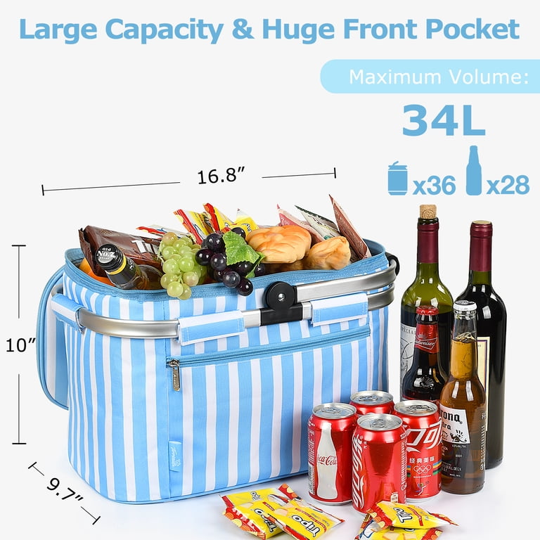 Tirrinia, Large Insulated Picnic Basket, 16.8x9.7x10 inches, Blue