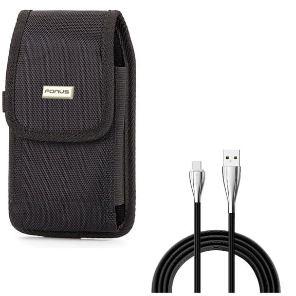 Rugged Durable Canvas Case Belt Holster w 6ft Long Type-C USB Cable Charger Power Sync Cord USB-C E1V for Acer Liquid Jade Primo - Alcatel 7, Idol 4S - ASUS ROG Phone, ZenFone AR 6 5z 4 Pro