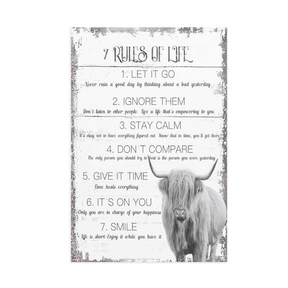 AIOE Farmhouse Highland Cow Bathroom Wall Art Decor 7 Rules of Life Inspirational Canvas Painting Rustic Black and White Western Cow Pictures Prints Country Home Unframe: 12x18in