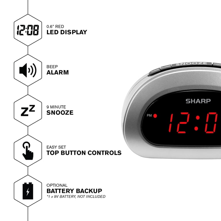 Sharp Digital Alarm Clock, Cosmic Silver, Red LED Display photo 6